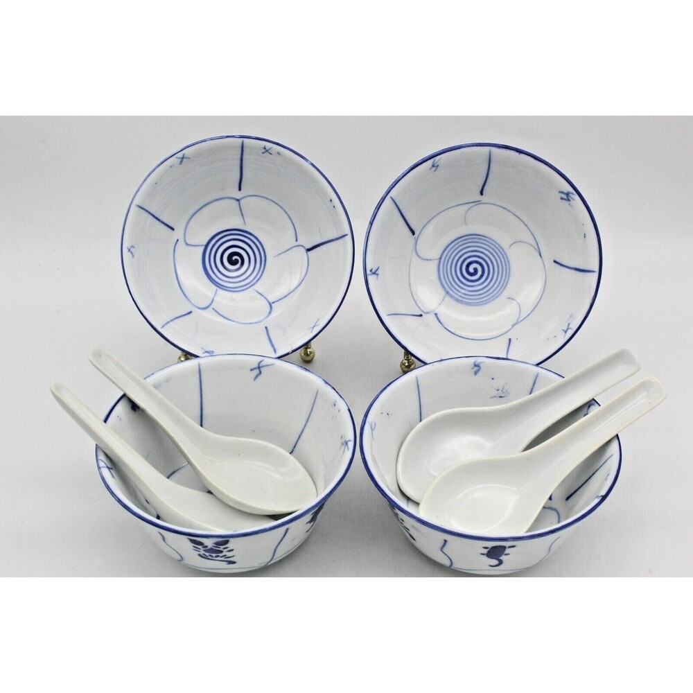 MCM 4 Chinese Spiral Lotus Blue White Porcelain Rice Bowls & Spoons Vintage